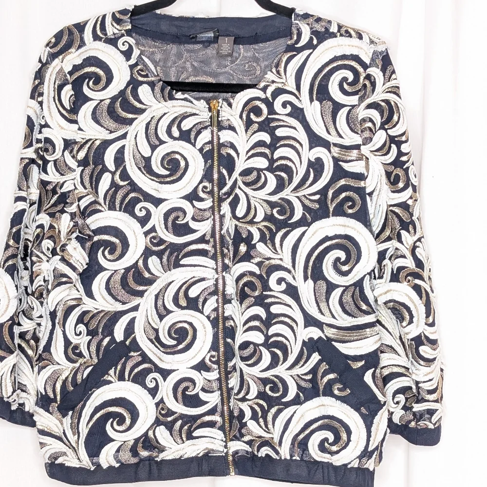 Chico's Travelers Collection Scrolled Bomber Jacket Size 1 - Picture 2 of 7